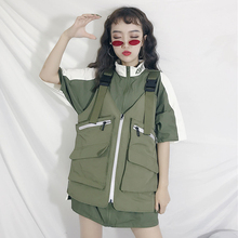 夏季女装韩版宽松中长款个性拼接立领短袖衬衫上衣+背带马甲背心图片