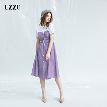 女夏季流行短袖 气质拼接连衣裙 优组2018春新品 修身 UZZU 格子显瘦
