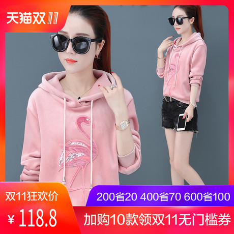 加绒连帽卫衣女装秋冬季2018新款加厚韩版慵懒风外套头宽松上衣服商品大图