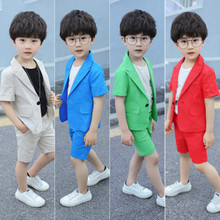 儿童短袖西装三件套男童夏表演礼服演出服主持人走秀休闲西服亚麻
