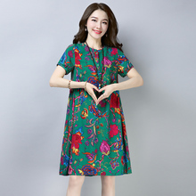 棉麻风连衣裙夏装女印花大花色短袖宽松碎花棉布中老年妈妈装裙子图片