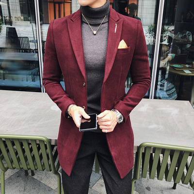 中长款休闲西装外套男士毛呢大衣秋冬季呢子西服修身韩版呢料风衣