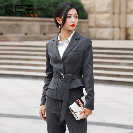 2018新款韩版春秋职业女装套装不规则系带女西服工作服休闲小西装商品大图