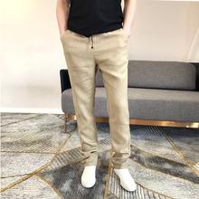 男款 藏蓝卡其色亚麻抽绳腰休闲裤 透气清爽休闲时髦 SUPERDM