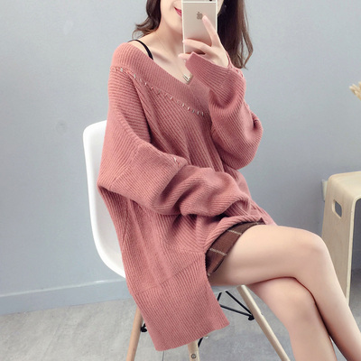 小清新毛衣女套头V领大款宽松甜美糖果色外穿网红秋冬季2018新款