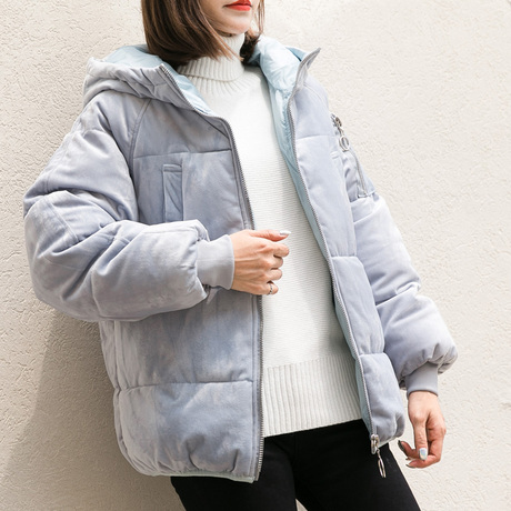 孜索2018冬季新款女装加厚金丝绒棉服韩版宽松连帽棉衣浅蓝色外套商品大图