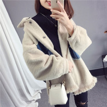 2018秋冬新款女装韩版宽松牛仔拼接外套慵懒风貂绒毛衣女针织开衫图片
