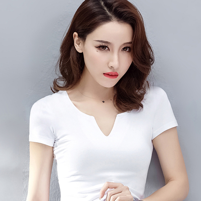 白色短袖t恤女2018夏装新款韩版百搭半袖紧身上衣性感小v领打底衫