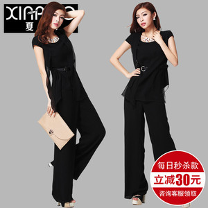 阔腿裤套装女2018夏季新款韩版气质修身时尚雪纺两件套大码女装潮