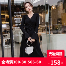 米美儿大码女装微胖mm2018秋装名媛收腰系带chic小黑裙针织连衣裙图片