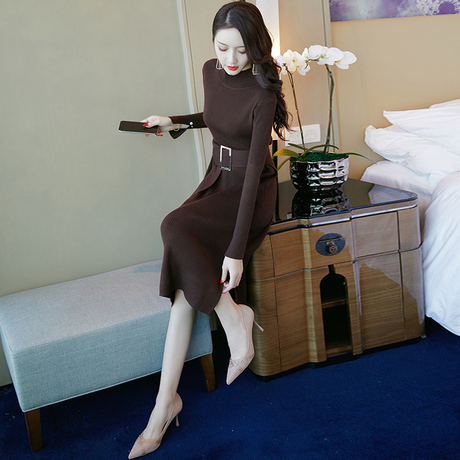 秋装女装2018新款韩版修身时尚中长款冬季打底毛衣针织连衣裙长袖商品大图