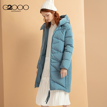 G2000中长款女装外套大衣 2018冬季新款简约纯色连帽拉链羽绒服女图片