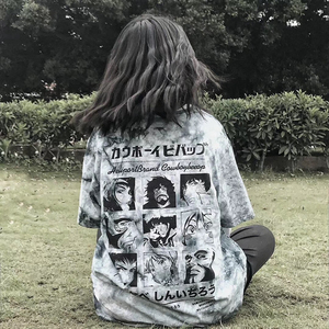 CHILLG星际牛仔扎染短袖复古水洗印花国潮牌男女宽松ins情侣装T恤