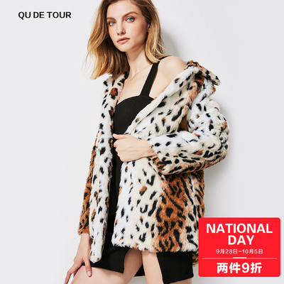 QU DETOUR仿水貂皮草外套2018秋冬新款豹纹貂皮大衣女中长款毛绒