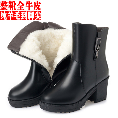 全牛皮毛一体保暖棉靴真皮粗跟短靴大码妈妈鞋短筒棉鞋防滑马丁靴