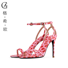 GOXEOU/格希欧小码夏季新款圆头细跟红色高跟鞋时尚一字带凉鞋女图片