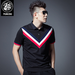 遇寇polo衫男短袖2019新款个性撞色罗纹拼接潮牌休闲男士翻领t恤
