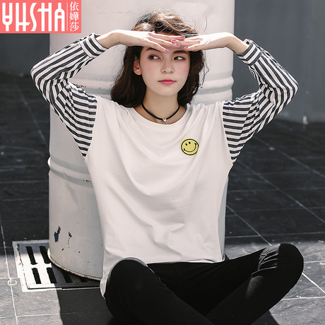 依嬅莎秋冬新品款韩版卡通可爱时尚条纹圆领长袖休闲潮T恤女商品大图