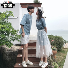 情侣装夏装小众设计感2019新款韩版短袖T恤气质女网纱连衣裙套装