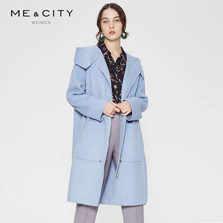 MECITY女装纯羊毛连帽收腰双面呢大衣外套冬中长款商品大图