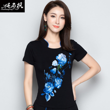 新品 弹力修身 显瘦t恤女衫 T恤圆领大码 中国风女装 绣花短袖 2018夏装