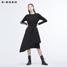 sdeer圣迪奥酷感纯黑字母印胶个性拼接长袖收腰连衣裙S18481260图片
