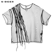 sdeer圣迪奥女清透质感立体抽象装饰开衩设计短袖上衣S18280423图片