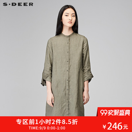 sdeer圣迪奥女装时尚休闲长款亚麻衬衫S17480591商品大图