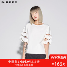 sdeer圣迪奥2018秋装圆领套头镂空白色折叠袖口短袖T恤S18182215图片