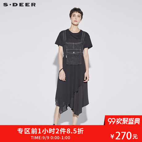 sdeer圣迪奥秋装时尚牛仔雪纺拼接口袋大摆背带连衣裙女S18181209商品大图
