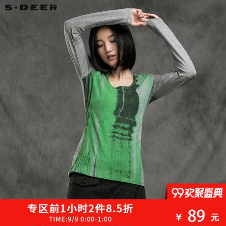 sdeer圣迪奥女装冬装翠绿墨黑撞色印花长袖棉纺打底T恤S15480204商品大图