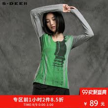 sdeer圣迪奥女装冬装翠绿墨黑撞色印花长袖棉纺打底T恤S15480204图片