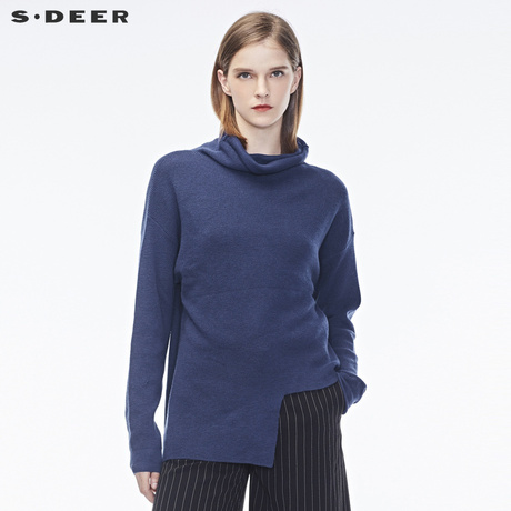 sdeer圣迪奥女冬装新款纯色高领短款下摆挖角设计感毛衣S18483590商品大图