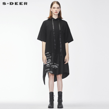 sdeer圣迪奥2018冬装新款撞色字母印花拼接连帽连衣裙S18481227图片