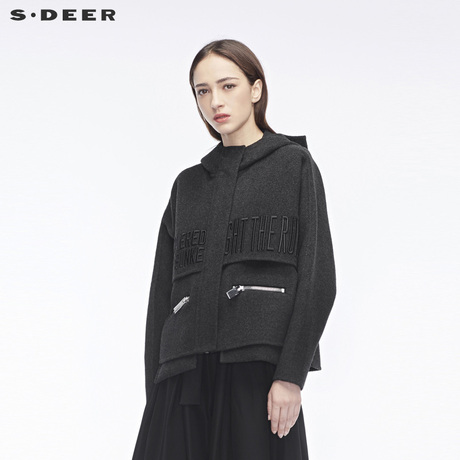 sdeer圣迪奥个性刺绣字母金属拉链装饰开衩下摆连帽外套S18482281商品大图