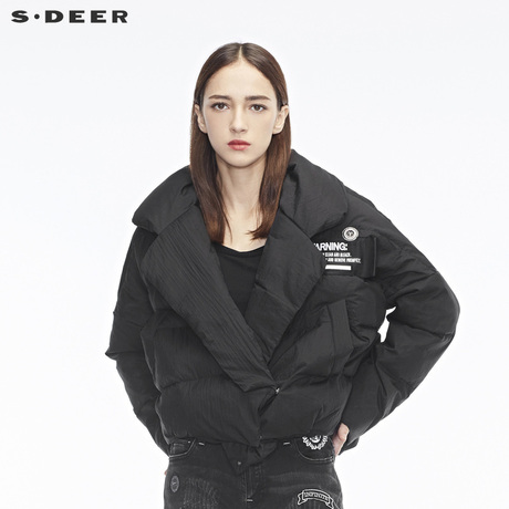 sdeer圣迪奥女2018冬装新款纯黑酷感翻领撞色字母羽绒服S18482412商品大图