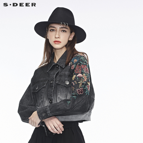 sdeer圣迪奥前卫新潮渐变效果花朵刺绣装饰翻领短款外套S18382225商品大图