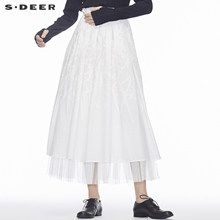 sdeer圣迪奥2018秋装新款百褶网纱拼接毛边纹理提花长裙S18381162图片