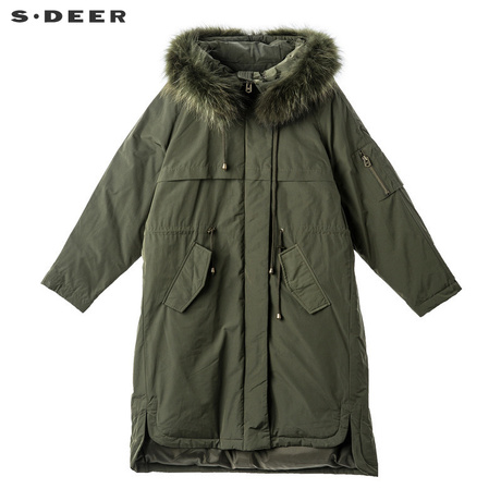 sdeer圣迪奥腰部抽绳设计前短后长开衩下摆毛领羽绒服S18482408商品大图