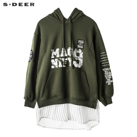 sdeer圣迪奥新潮拼接设计撞色英文布贴装饰抽绳连帽上衣S18482265商品大图