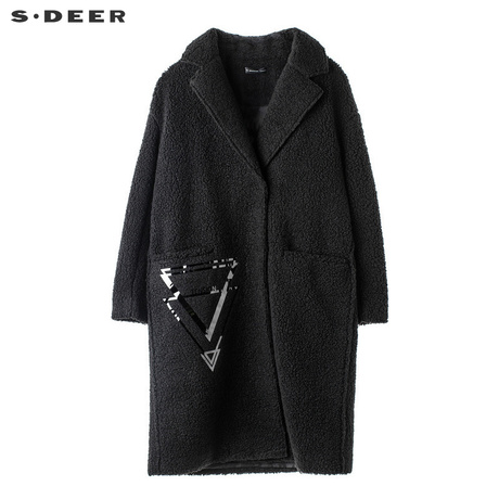 sdeer圣迪奥纯黑时尚绒毛质感撞色图案装饰平驳领长外套S18481811商品大图