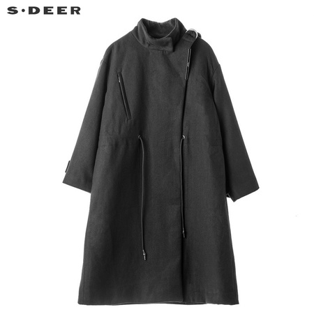 sdeer圣迪奥酷感个性偏襟搭袢装饰腰部抽绳设计立领大衣S18481820商品大图