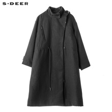 sdeer圣迪奥酷感个性偏襟搭袢装饰腰部抽绳设计立领大衣S18481820图片