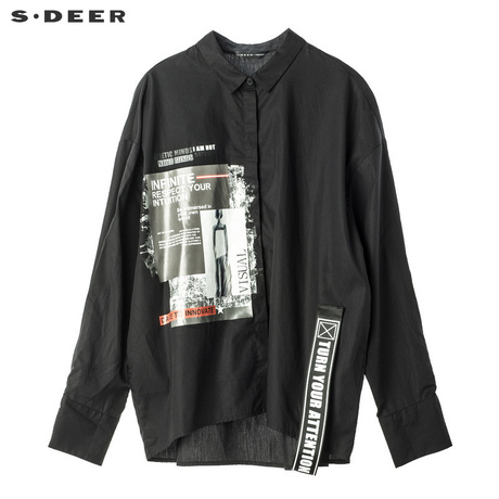 sdeer圣迪奥撞色印花图案字母飘带装饰时尚翻领上衣S18480575商品大图