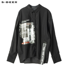 sdeer圣迪奥撞色印花图案字母飘带装饰时尚翻领上衣S18480575图片