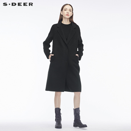 sdeer圣迪奥女流畅剪裁撞色绣花神秘图案装饰平驳领大衣S18461865商品大图