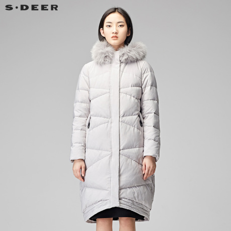 sdeer圣迪奥2018冬装潮线条分割连帽毛领中长款羽绒服女S17462431商品大图