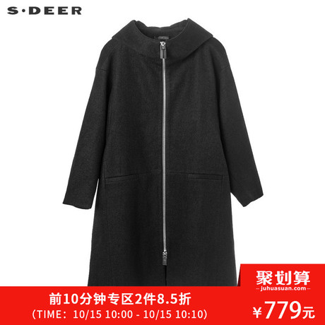 sdeer圣迪奥简约流畅剪裁设计金属拉链装饰高领连帽大衣S18461866商品大图