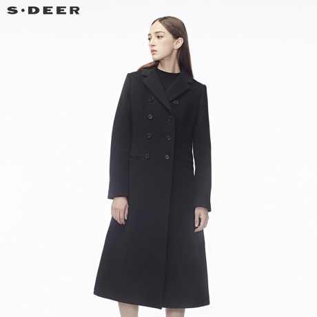 sdeer圣迪奥优雅复古双排扣设计收腰廓形平驳领长款大衣S18481896商品大图