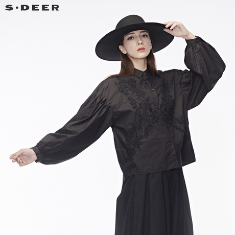 sdeer圣迪奥复古刺绣花卉图案装饰收褶造型袖口翻领上衣S18480573商品大图